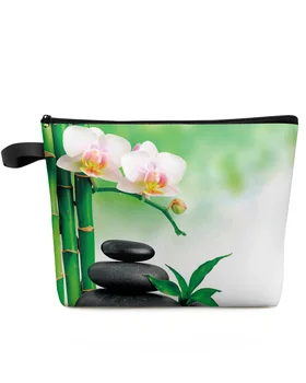 Pietre zen orhidee floare verde de bambus Personalizate de Călătorie Sac de Cosmetice Machiaj Portabil Husă de Depozitare Femei Creion rezistent la apa Caz