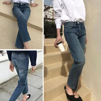 2023 Femei Neregulate Decupată Blugi Clasice Drepte Talie Mare Vintage de Culoare Solidă Doamnelor Glezna-lungime Pantaloni