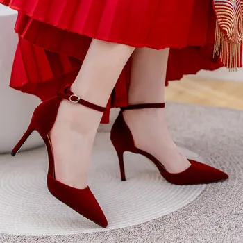 31-43 Vin Roșu Pantofi De Nunta Femei Catifea Curea Glezna Pantofi De Mireasa A Subliniat Sandale De Vara