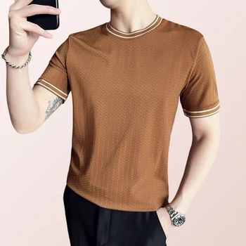 2023 Vara Men ' s T-shirt Short Sleeve Stretch Top Tricotate coreean Slim Fit Fashion O-gât Pulover de Culoare Solidă pentru Bărbați Îmbrăcăminte