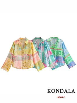 KONDALA Boem Chic pentru Femei Bluza din Satin V Gât Camasi cu Maneci Lungi pentru Femei de Moda 2023 Vacanta de Vara Bluze Largi Topuri Chic