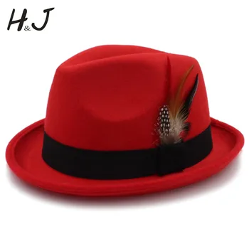 Femei 's Feminino Simțit Pălărie Fedora pentru Doamna Toamna si Iarna Lână Biserica Roll-Up Refuz Homburg Jazz Pălărie Pălărie cu Pene