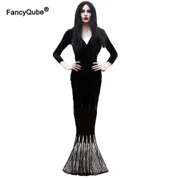 Morticia Addams Family Costum Sexy Sirenă Rochie De Dantelă Stil Gotic Diavolul Femei Teroare Maxi Tinuta Mâneci Lungi Pentru Halloween
