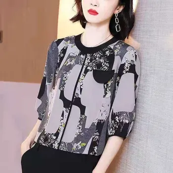 Birou Doamnă Elegant Rupt Flori Geometrice Imprimate Tricou Primavara-Vara Jumătate Maneca Îmbinat Îmbrăcăminte pentru Femei Bluza de Gât Rotund