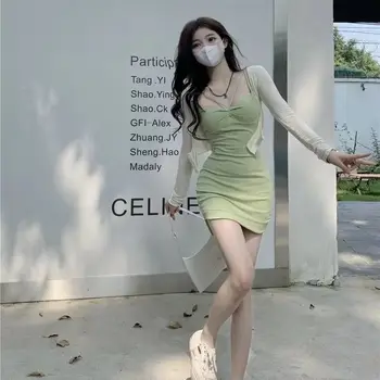 Sexy fierbinte halter rochie de vara pentru femeie pură dorință de vânt verde fără mâneci temperament talie-skimming pachet șold fusta scurta