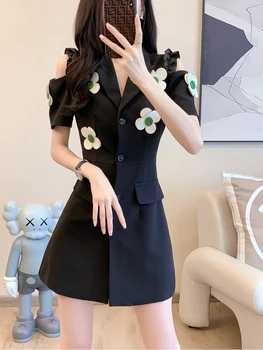 Moda Coreeană De Flori De Vară Sacou Femei Rochie De Temperament Gol Afară Maneci Scurte Elegante Office Lady Rochii Mini Vestidos