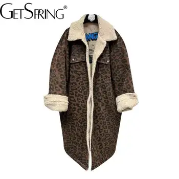 GetSpring Femei Hanorac Model Leopard Dublu Se Confruntă Poartă Iarna Outwear Jacket Toate Se Potrivesc Vrac De Agrement De Lungă Palton Cald 2022