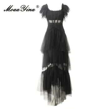 MoaaYina Vara Designer de Moda rochie pentru Femei Rochie Neagra Pătrat Guler cu Volane Maneca Net Fire Cascadă Volane Rochie Maxi