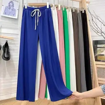 2022 Vara Femei Pantaloni Largi Picior Meryl Tesatura De Înaltă Talie Cutat Cordon Culoare Solidă Pantaloni Lungime Completă