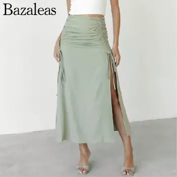 2023 bazaleas magazin traf de Vară Fermoar Fuste Lungi Femme Cordon Siret la Arc Partea de Fantă Fusta Midi femei îmbrăcăminte oficial