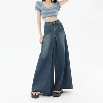 Epocă Talie Înaltă, Din Denim Pantaloni Largi Picior Femei Nou Liber Slim Coreeană De Moda Pantaloni Drepte Primavara-Vara Femei Denim Pantaloni