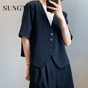 Sungtin Vara Office Lady Negru Scurt Sacouri Femei V-Gât Sacouri Largi Coreean Elegant De Înaltă Calitate, Confortabil Locul De Muncă Se Potrivește 2023