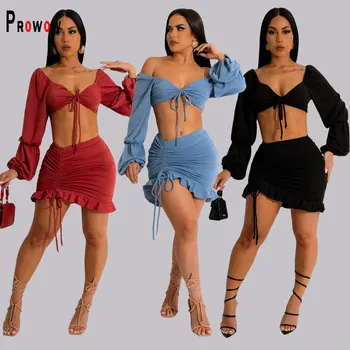 Prowow Sexy Două Piese Fuste Femei Set Shoulderless Trunchiate Topuri Zburli Shirring Culoare Solidă Slim Fit De Plajă, Costume De Petrecere