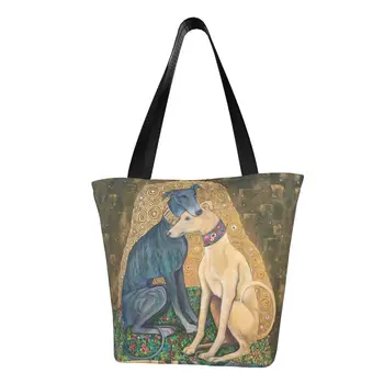 Amuzant Imprimare Gustav Klimt Caine Ogar De Artă Tote Geantă De Cumpărături De Panza Durabil Cumparator Umăr Whippet Sihthound Câine Geantă De Mână