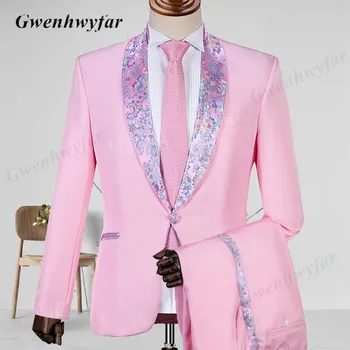 Gwenhwyfar Sufoziune Partea Pantaloni Roz Barbati Costume 2022 Modele Florale Șal Rever Mire, Costume Barbati Nunta Bal Costume 2 Piese