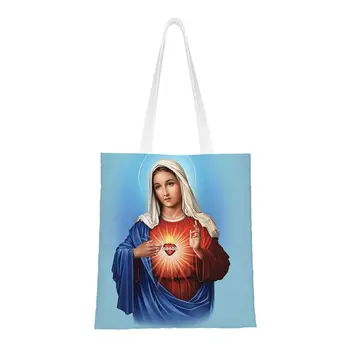 Sfânta Inimă A Mariei Cumpărături Pungă Kawaii Imprimare Canvas Shopper Shoulder Tote Sac Creștinismul Fecioara Maria Geantă De Mână