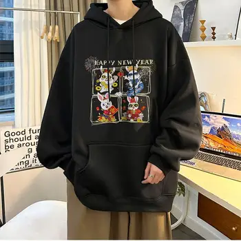 M-4XL Anul Nou Chinezesc Hoodies pentru Bărbați Iepure Drăguț desen Animat de Imprimat Tricouri cu Capac de Moda Streetwear Supradimensionate Îmbrăcăminte