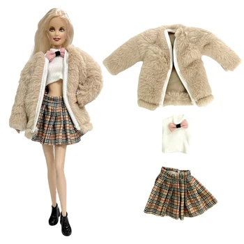 NK Oficial 1 Set Papusa de Moda model de costum de grup: Strat+ Bowknot Drăguț Tricou + Fermecător fusta carouri Pentru Papusa Barbie cu Accesorii de JUCARIE