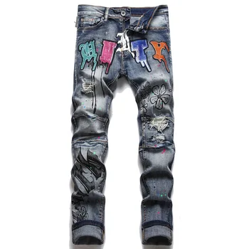2023 Vara Punk Blugi Barbati Imprimate Rupt blugi Pantaloni de Bumbac Fashion City Mijlocul Naștere Pantaloni Casual blugi pentru bărbați blugi