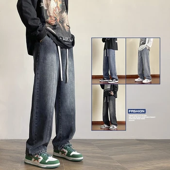 Streetwear Blugi de Moda pentru Bărbați Vintage Pantaloni Drepte Personalitate Cordon Largi Confortabile Harajuku Pantaloni din Denim de sex Masculin