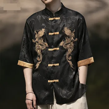 Vara Tradițională Chineză Rochie Plus Dimensiune Înaltă Calitate Dragon Broderie Tricou Barbati Haine Matase De Gheață Maneci Scurte Vintage Topuri