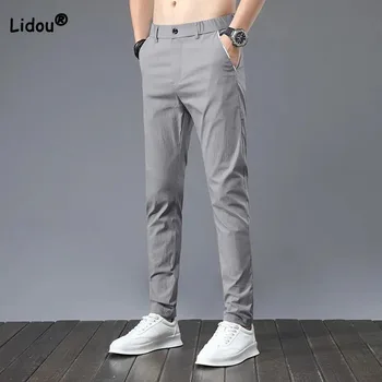Coreeană Casual Culoare Solidă Tendință Mijlocul Talie Pantaloni pentru Bărbați de Vară Birou de Afaceri Simplitate Buzunare Îmbinat Pantaloni Haine de sex Masculin