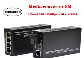 transport gratuit AB282 Fibra Optica Media Converter de Emisie-recepție SM 10/100M/1000M 1 fibra+4 RJ45 la 1 fibre 1 RJ45