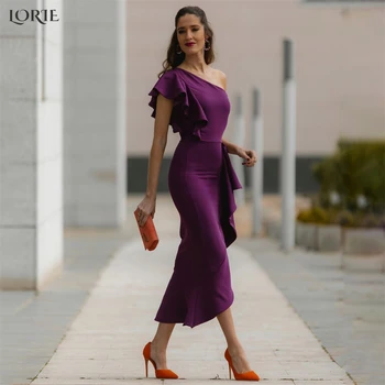 LORIE Violet Sirena Formale Rochii de Seara Un Umăr Ruched Volane Dubai Rochie de Bal Saudită Ceai-Lungime Mireasa, Rochii de Petrecere