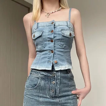 Vara 2023 Moda pentru Femei Skinny Scurte Camis Fata Picante Single-breasted Slim Pocket Denim Curea Rezervor de Top Crop Topuri Albastru S M L