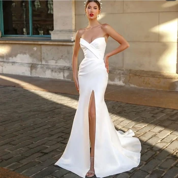 Simplu Înaltă Split Elegant Rochie de Mireasa Pentru Femeia 2023 din Satin Strapless Rochie de Mireasa Matura-Tren fără Mâneci Dantelă-Up robe de mariée