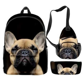 Harajuku Noutate Rece Bulldog francez 3pcs/Set Rucsac 3D de Imprimare Bookbag Călătorie Laptop Daypack Rucsaci Saci Piept Caz Creion