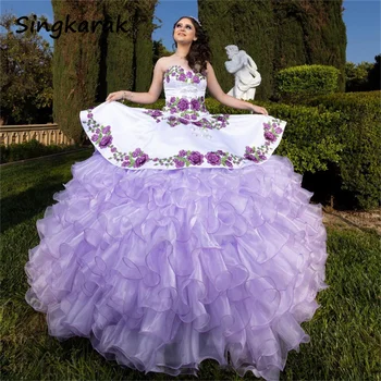 Mexican Lavanda Printesa Rochie de Bal Rochii Quinceanera 2023 Flori Aplicatii de Margele, Volane Ziua Balului Petrecere Pentru 15 Fete