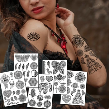 Impermeabil Tatuaj Temporar Henna Autocolante Pieptul Negru Dantelă Mandala Henna Tatuaje pentru Femei Diamond Flower Body Art Tatuaj Fals