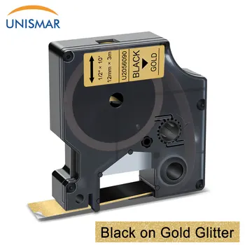 Unismar 12mm Etichete pentru DYMO D1 2056090 Negru cu Sclipici Auriu Dymo D1 COLORPOP Casete Compatibil pentru LabelManager 160 280 Printer