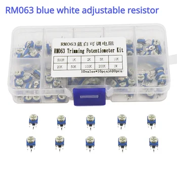 RM063 Albastru-Alb Reglabile Rezistențe Kit - 100 buc de 10 Valori Diferite, 6MM Sortare Cutie și Rezistor Sortiment Set