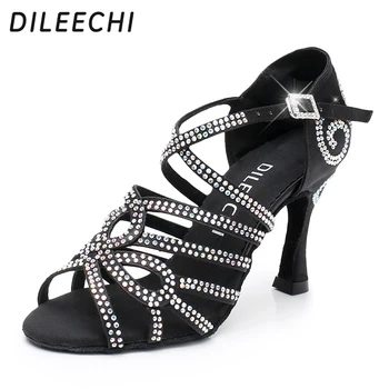 DILEECHI dans latino pantofi din Satin Strălucitor dublu pietre pantofi femei pantofi de salsa femeie Sala de dans Pantofi de PIELE Negru
