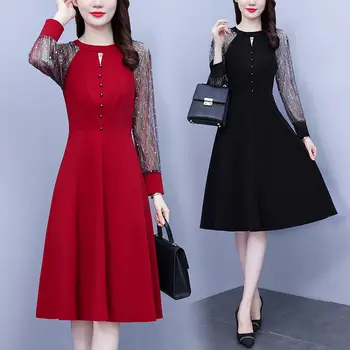 Coreeană de Moda de Îmbrăcăminte de Mari Dimensiuni Femei Primavara 2023 Plasă de Lipitură Subțire Gol Maneca Lunga Rochie Doamnelor haine de Lucru Z133